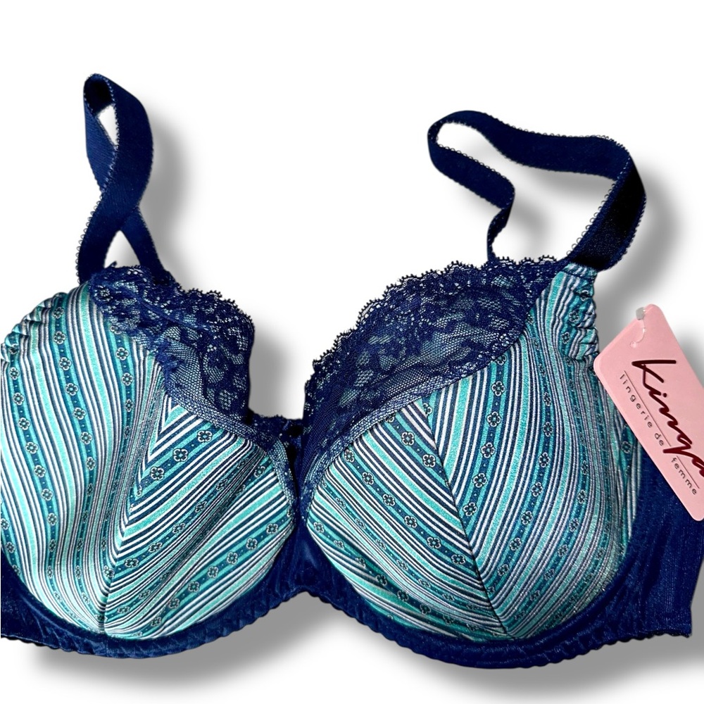 KINGA 40DD 40 E Striped Lace Bra in Teal and Navy EU SZ E90 NWT European Style